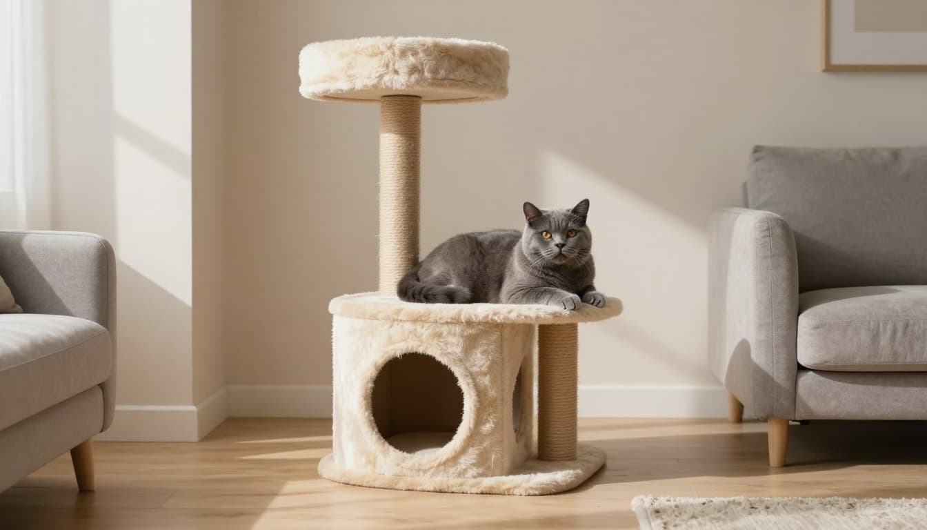 An adult grey shorthair cat lounges relaxed on a stylish corner cat tree in a minimalist modern living room with Scandinavian design and bright natural daylight.