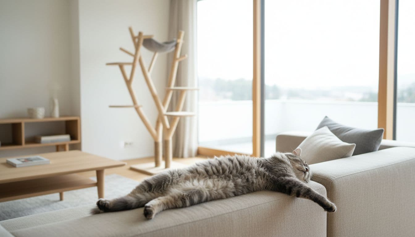 In a bright Scandinavian living room with minimalist decor, a fluffy grey tabby cat lies stretched out on a comfortable beige sofa, gazing out the window and showing disinterest in the empty premium wooden cat tree nearby.