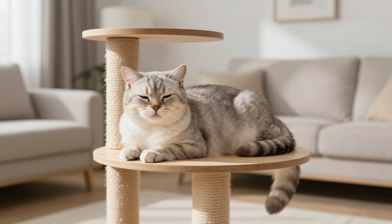 Premium lifestyle photo of a beautiful cat lounging peacefully on a wooden cat tree in a bright, minimalist Scandinavian living room with neutral tones and natural light, evoking post-flea treatment comfort.