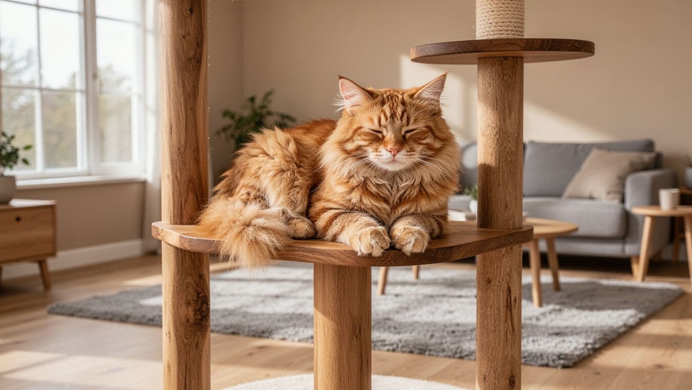 A single fluffy orange tabby cat rests calmly on a solid wood cat tree perch in a cozy Scandinavian living room with light wood floors, beige walls, and bright natural light. The premium lifestyle photo captures a warm, relaxed mood with minimalist decor and soft depth of field.