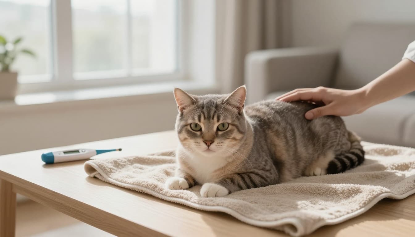 A pregnant cat lies calmly on a soft beige towel in a modern Scandinavian veterinary corner of a living room, illuminated by bright natural light from a large window, with a minimalist light wood table holding a digital thermometer nearby.