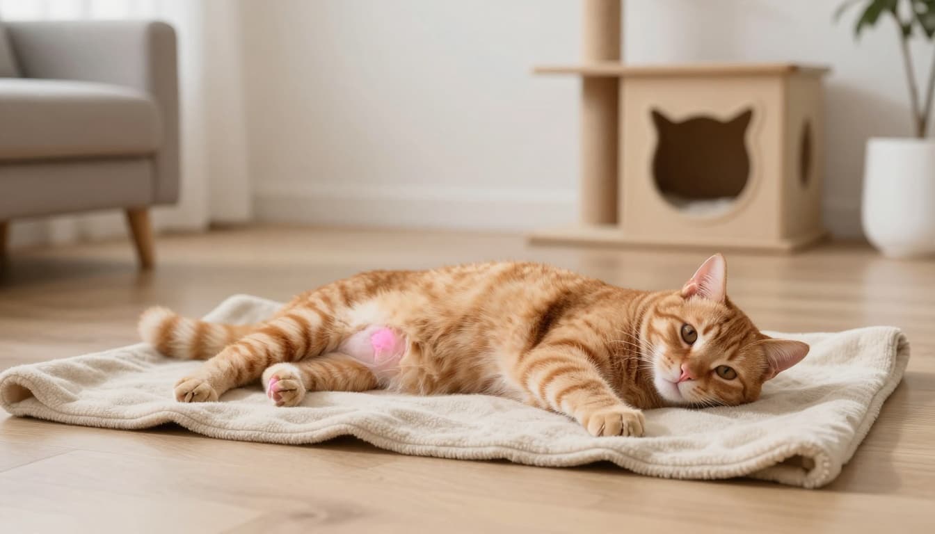 A ginger pregnant cat lies relaxed on a soft beige blanket in a modern minimalist Scandinavian living room, her pink nipples visible as early pregnancy signs, with bright natural light and cozy atmosphere.