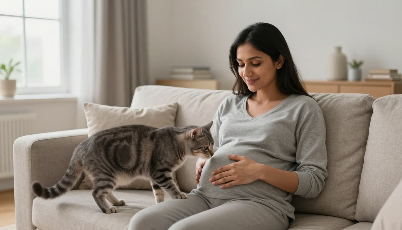 A relaxed pregnant woman in her early months sits on a light beige sofa in a bright, minimalist Scandinavian living room, where her gentle grey tabby cat curiously sniffs her belly area. The realistic photo features soft natural light, neutral tones, and a calm, elegant mood with foreground focus on the cat's nose and the woman's face.