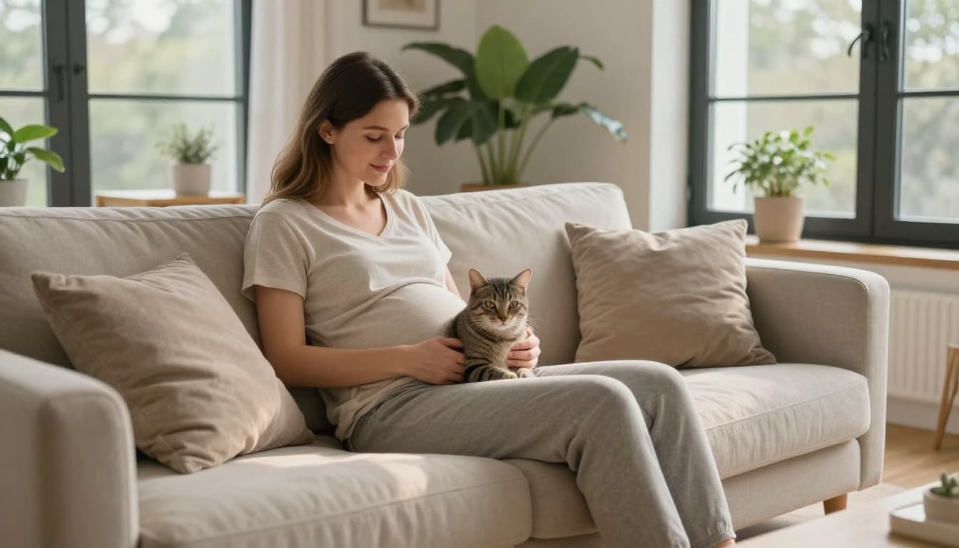 Une femme enceinte au début de sa grossesse est assise sur un canapé beige dans un salon scandinave lumineux, son chat gris tigré se blottissant contre son ventre dans une ambiance cosy et chaleureuse.