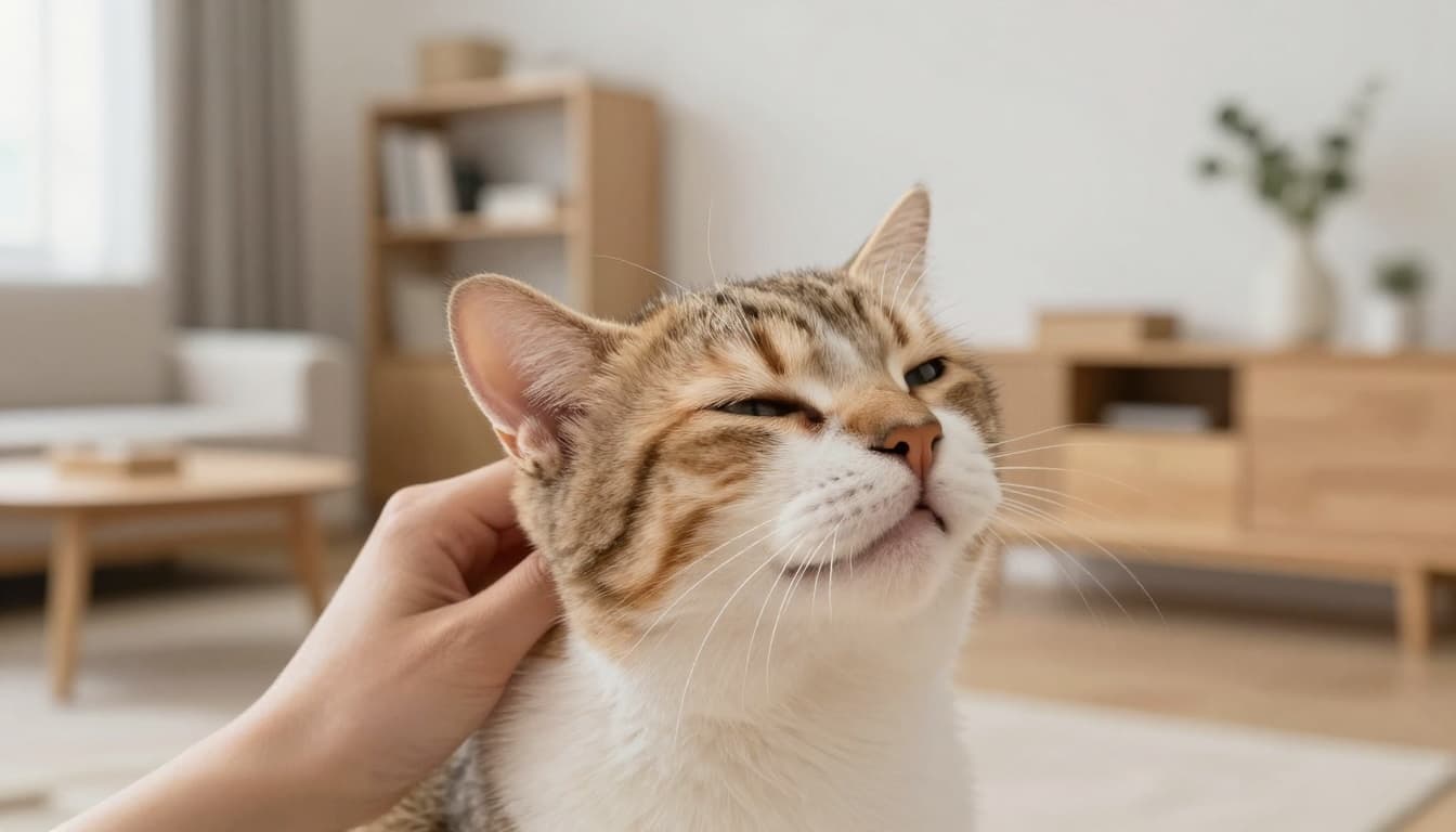 Close-up of a relaxed cat in a modern minimalist home interior, receiving gentle scratches behind the ears and under the chin, purring happily with eyes half-closed against a softly blurred Scandinavian living room.