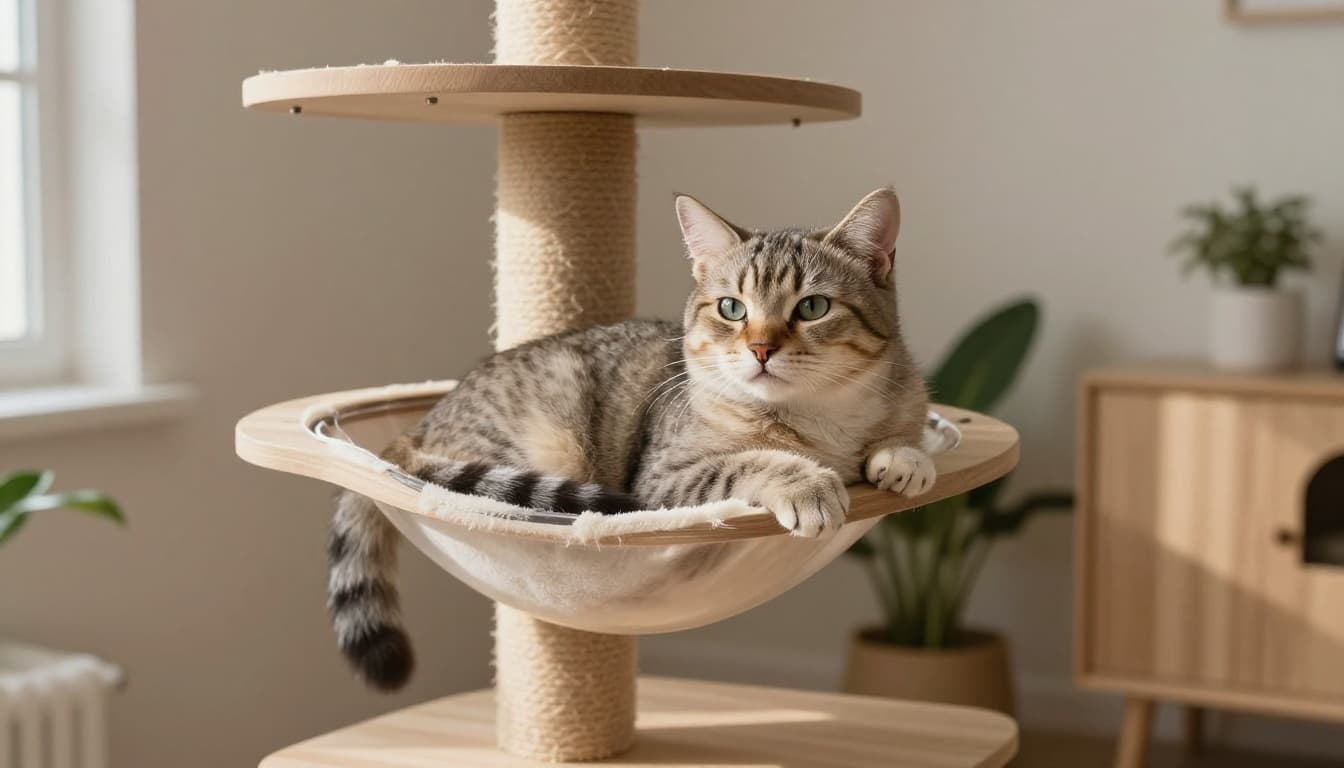 A relaxed cat with a slightly runny nose lounges calmly on a stylish solid wood cat tree in a modern Scandinavian living room with neutral tones and natural light.