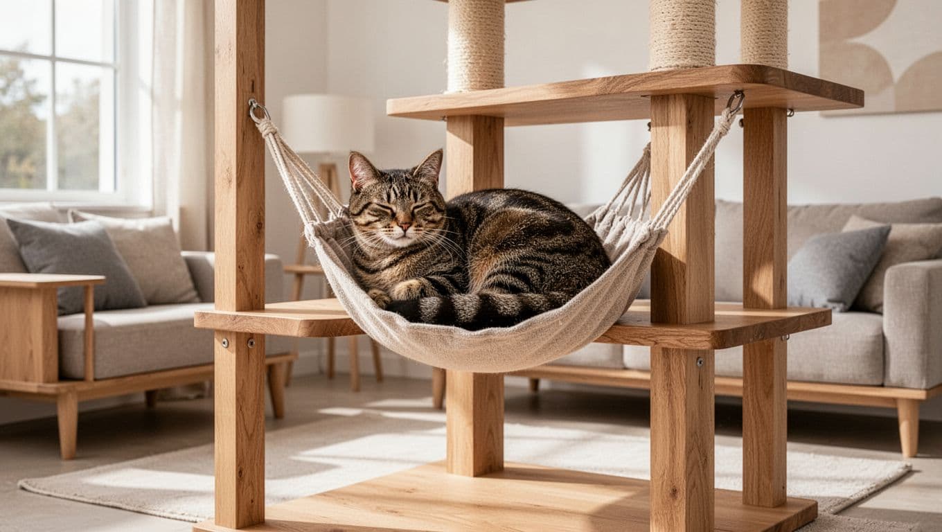 One relaxed senior cat rests curled comfortably on a sturdy wooden cat tree platform with hammock in a bright modern Scandinavian living room featuring light wood furniture, beige tones, and natural light.