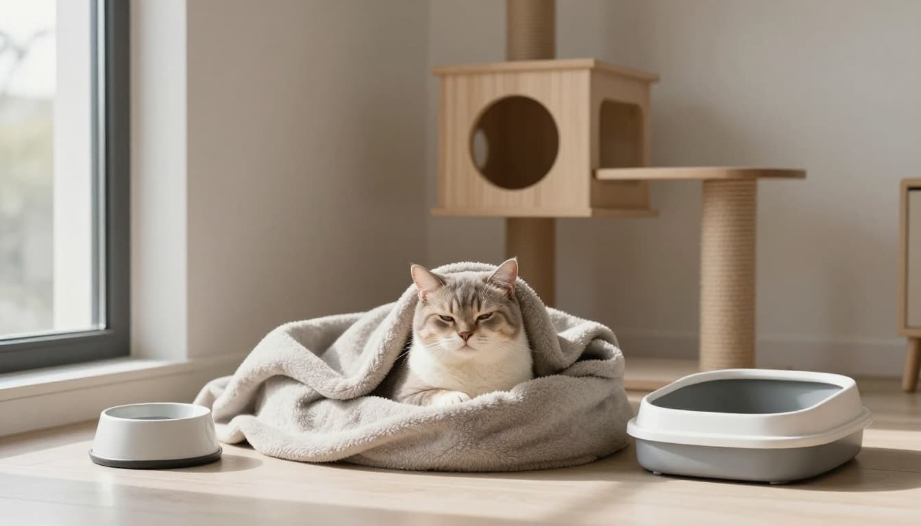 An elegant domestic shorthair cat rests calmly in a safe cozy corner wrapped in a soft blanket, next to a fresh water bowl and litter tray, with a premium wooden cat tree in the minimalist Scandinavian interior.