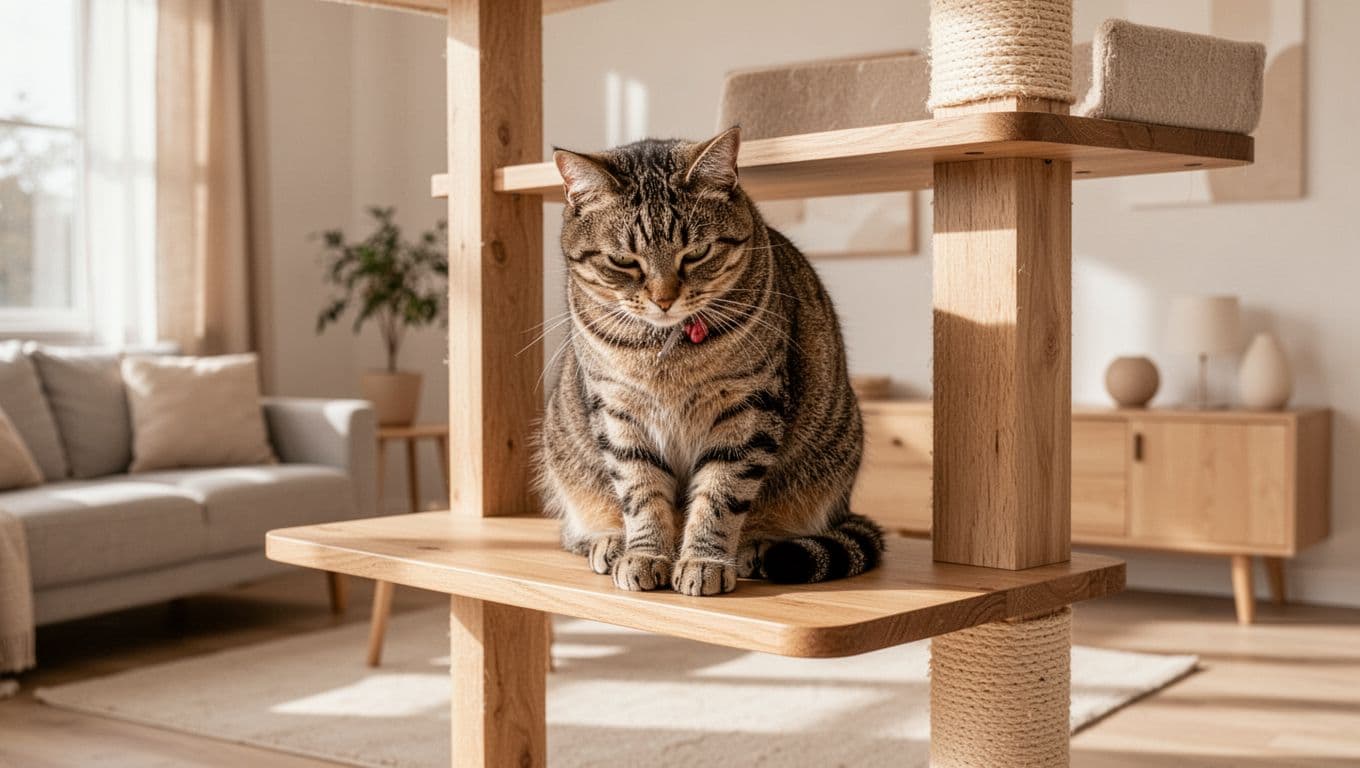 A domestic shorthair cat sits relaxed and grooms itself gently on a wooden cat tree shelf in a bright modern Scandinavian living room with natural daylight and minimalist neutral decor.