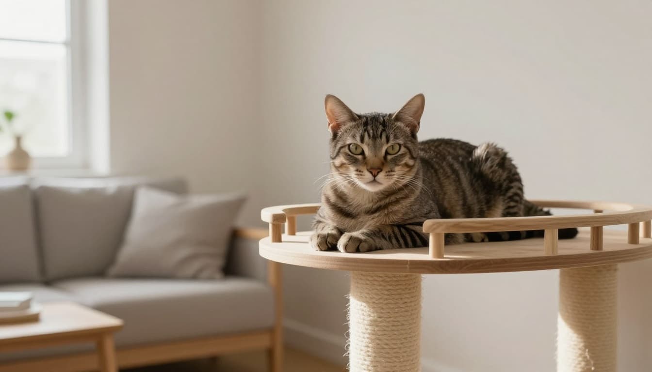 A relaxed neutered male shorthair cat lounges peacefully on a premium multi-level wooden cat tree in a bright Scandinavian living room with minimalist decor and soft natural light.