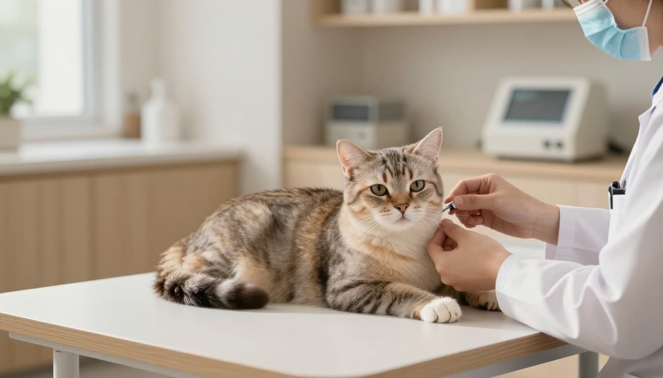 A calm and healthy domestic shorthair cat receives a gentle vaccination from a veterinarian in a bright, modern Scandinavian veterinary clinic with minimalist decor and warm atmosphere.