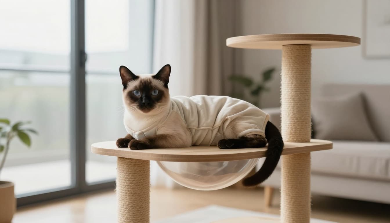 A content Siamese cat wearing a light post-surgery body suit lounges on a wide platform of a high-quality solid wood cat tree in a modern Scandinavian living room with soft natural light and neutral tones.