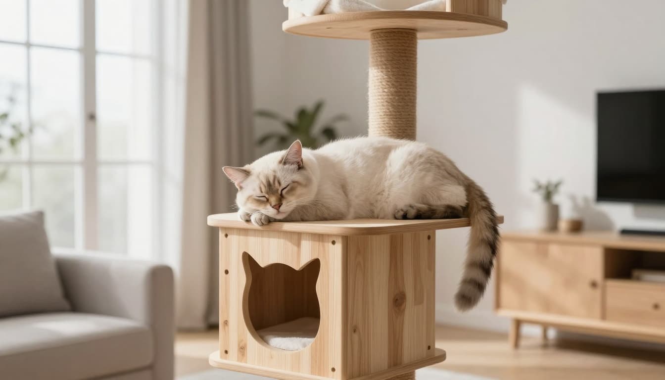 A cat in light sleep on a high perch of a sturdy wooden cat tree in a modern Scandinavian living room with bright natural light and minimalist beige decor.
