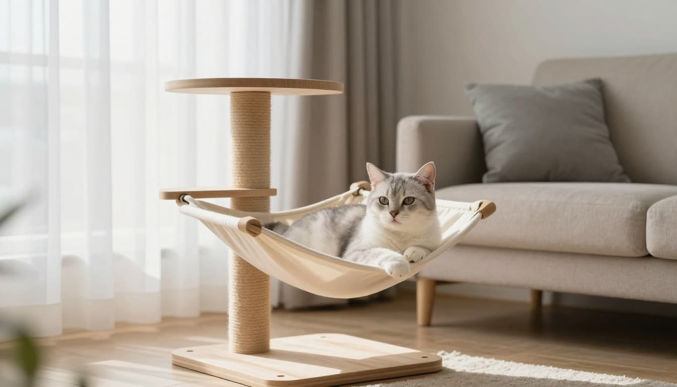 A calm sterilized cat lounges relaxed on a soft hammock of a wooden cat tree in a cozy Scandinavian apartment with natural daylight and minimalist decor.
