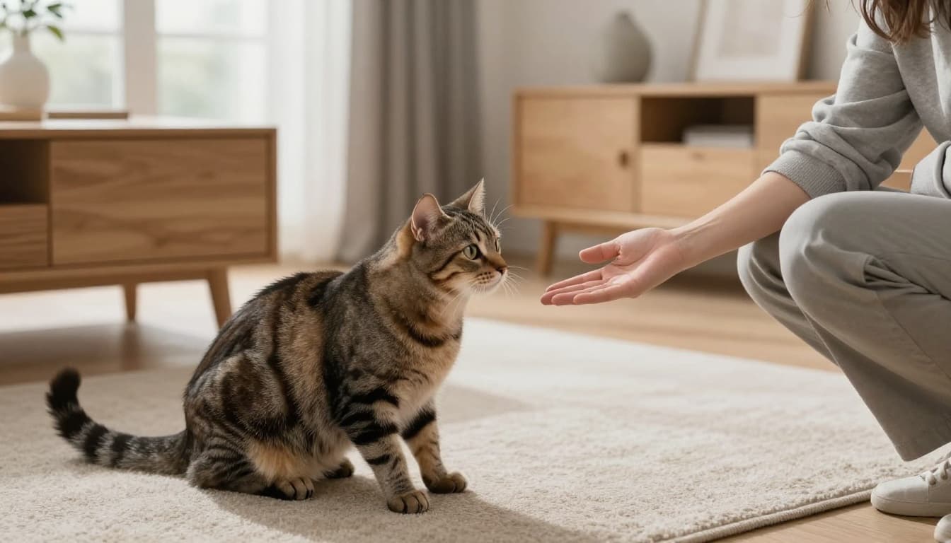 A relaxed tabby cat approaches a person's palm-up hand in a modern Scandinavian living room with light wood furniture, beige rug, and soft natural light, conveying trust and coziness.