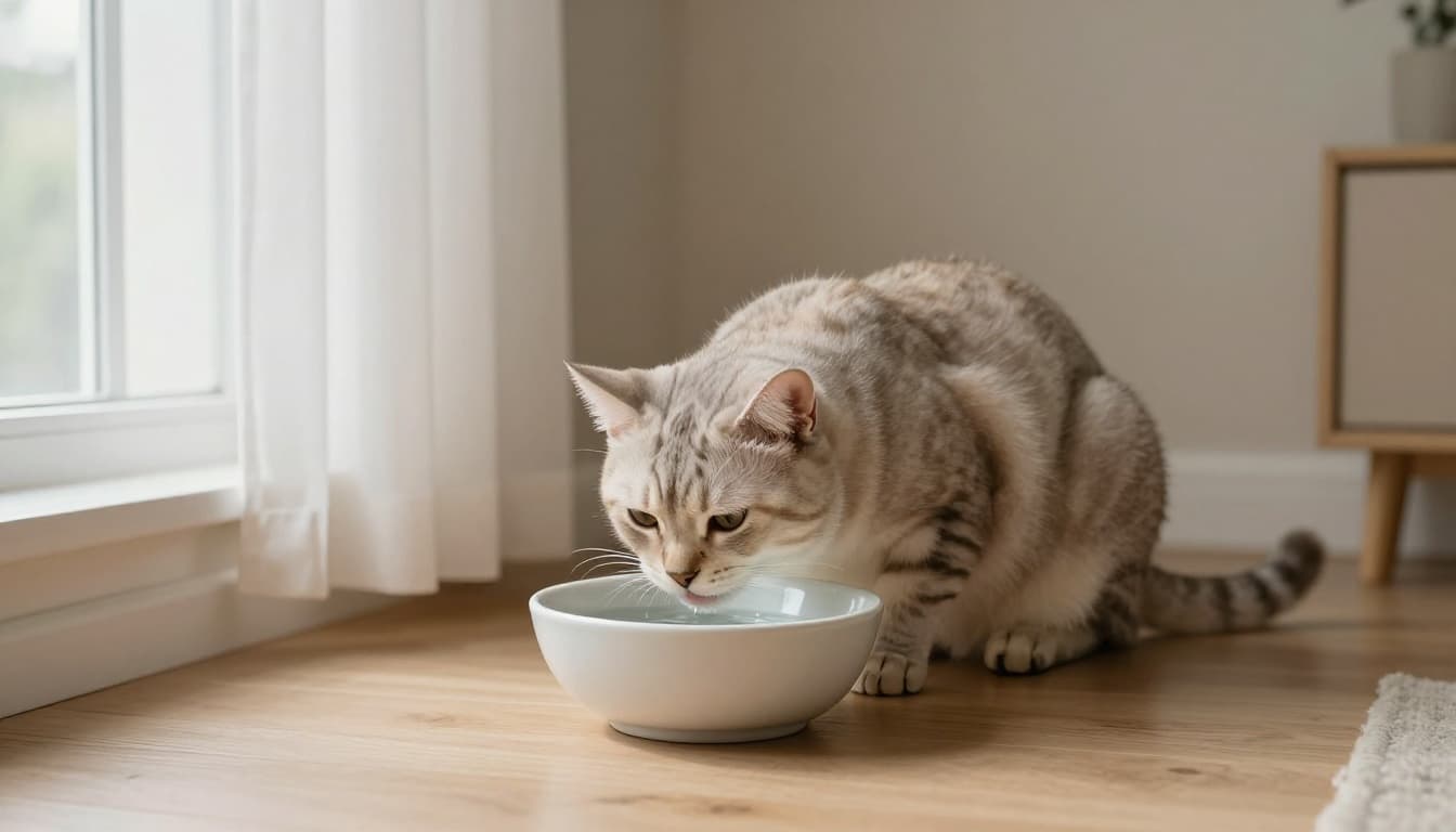 A relaxed domestic cat with light tabby fur drinks peacefully from a wide shallow ceramic water bowl in a quiet corner of a cozy Scandinavian living room. Soft natural light through large windows illuminates the serene space with beige walls, light oak floors, and minimalist furniture.