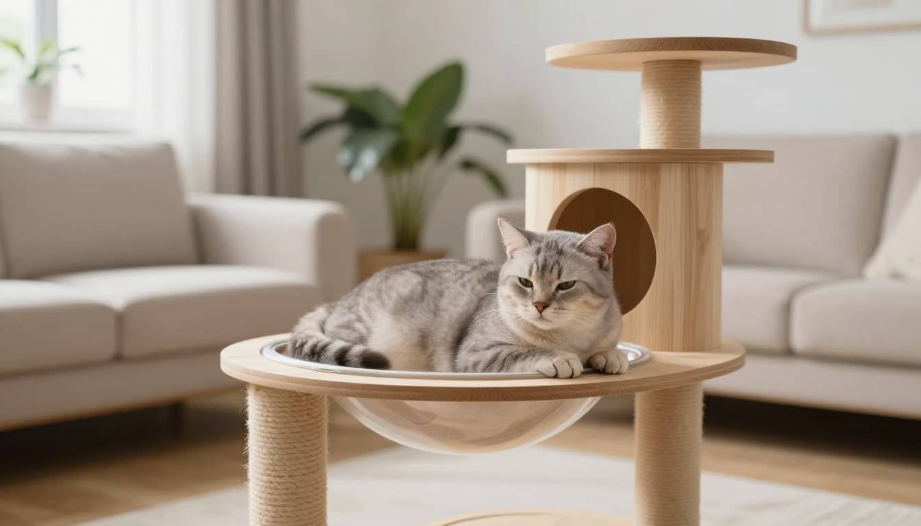 A calm light gray tabby female cat rests peacefully on a premium solid wooden cat tree in a bright Scandinavian living room with minimalist decor, neutral tones, and soft natural light.