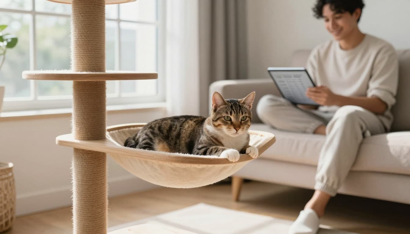 A tabby cat lounges comfortably on a premium solid wood cat tree hammock in a bright, naturally lit Scandinavian living room. Nearby, a casually dressed person sits on a light beige sofa, smiling while reviewing budget notes on a tablet amid minimalist decor with warm wooden elements.