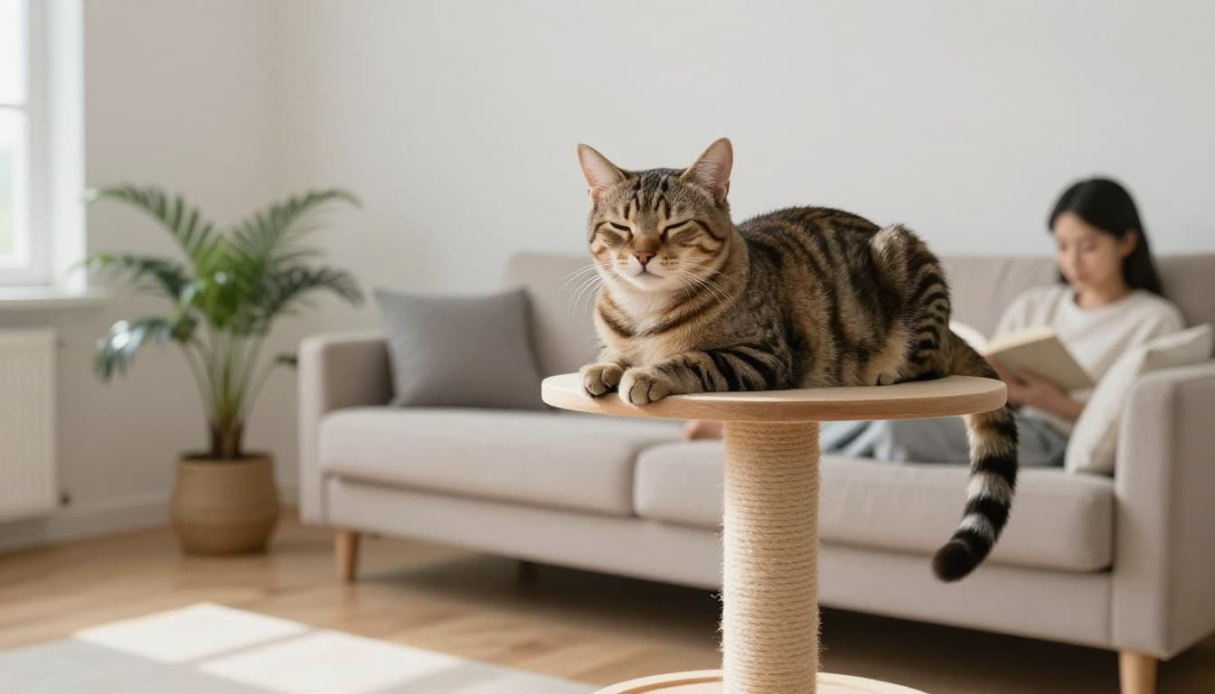 A serene tabby cat rests peacefully on a high sturdy perch of a wooden cat tree in a bright modern Scandinavian living room filled with natural light and minimalist decor. The relaxed cat with half-closed eyes and curled tail overlooks the owner reading a book on the nearby sofa, evoking a tranquil premium lifestyle atmosphere.