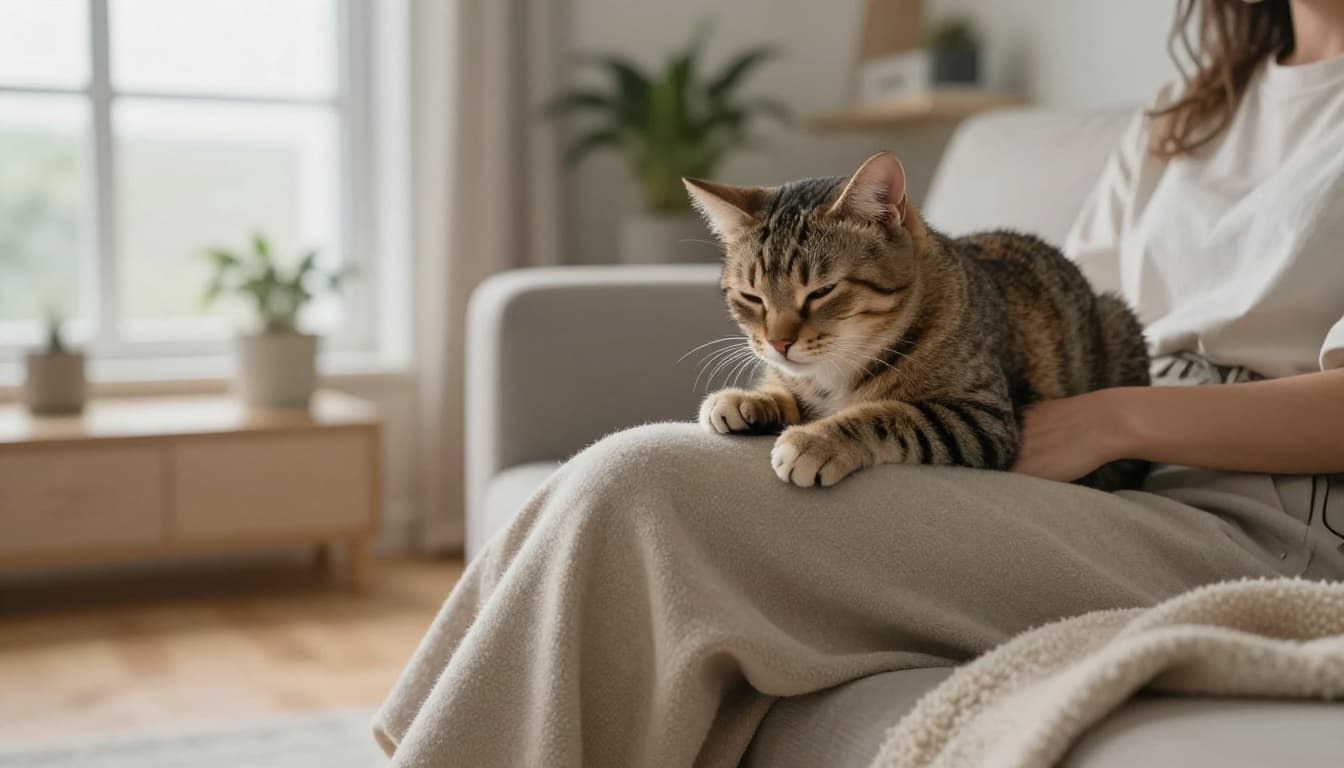 A content adult tabby cat with soft fur kneads gently on a person's lap under a light woolen blanket in a cozy modern Scandinavian living room with natural light.