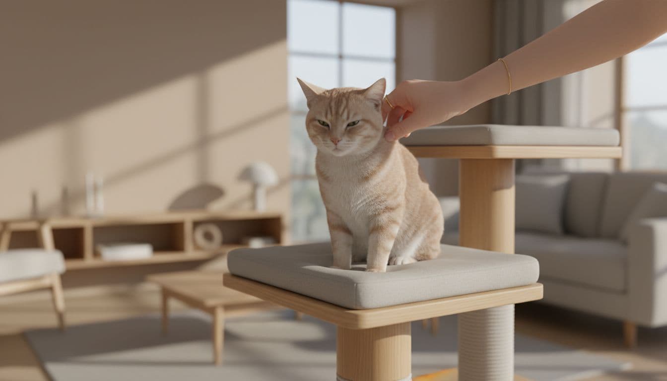 In a bright, cozy minimalist Scandinavian living room, a gentle human hand pinches the loose skin on the back of a relaxed tabby cat's neck, showing reduced elasticity, as the cat sits calmly on a wooden cat tree perch.