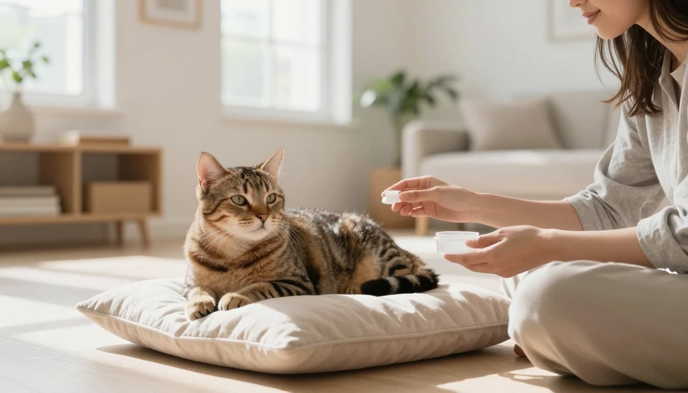 A calm tabby cat lies relaxed on a soft beige cushion in a modern light-filled Scandinavian living room, as a caring owner sits nearby with a small medication dish for gentle interaction. Bright natural light, minimalist decor with light wood shelves and subtle plants creates a warm, cozy atmosphere.