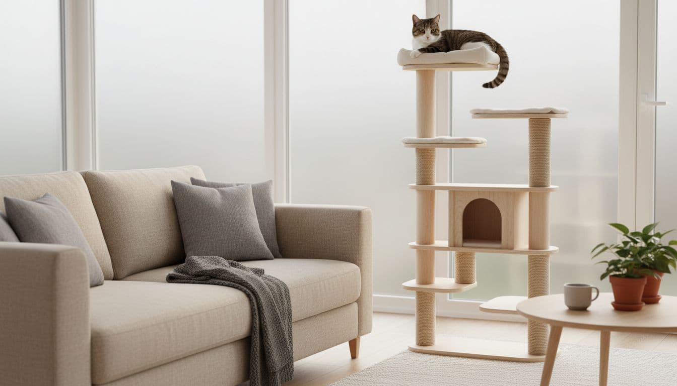 A relaxed tabby cat lounges comfortably on a premium light wooden cat tree in a bright Scandinavian living room with natural light and minimalist decor.