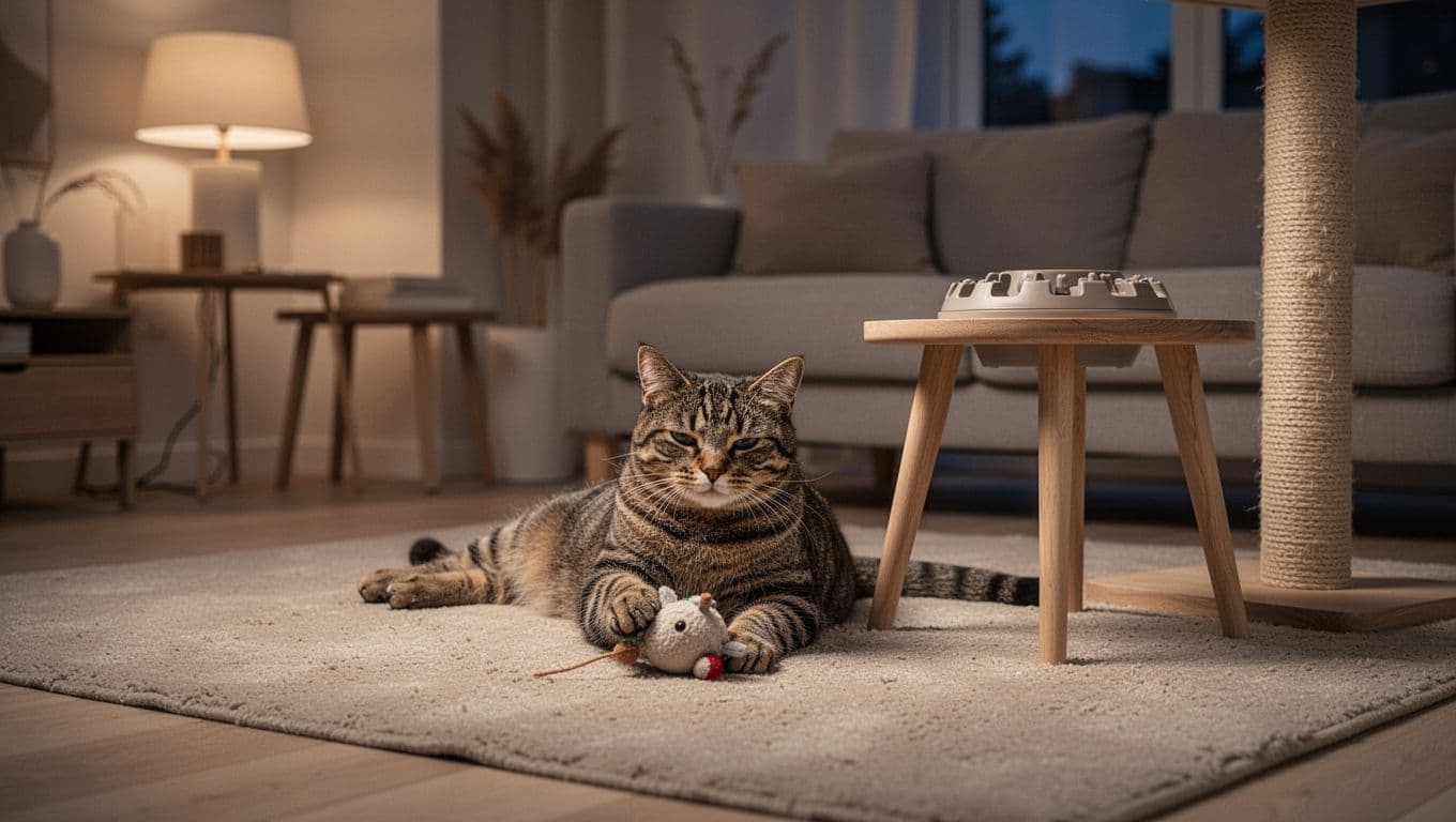 A single relaxed female tabby cat gently plays with a small toy on a soft beige rug in a dimly lit cozy Scandinavian living room during evening, featuring warm lamp light and minimalist decor.