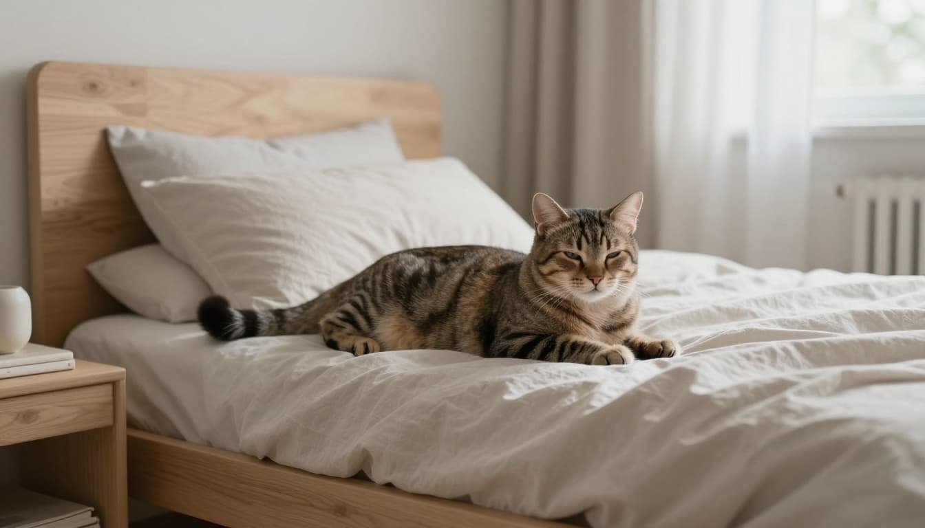 A content tabby cat lounges stretched out on a soft elevated perch with cushions in a minimalist Scandinavian bedroom featuring neutral tones, light wood, and plush bedding. Soft natural light creates a warm, serene atmosphere with shallow depth of field focusing on the independent cat.