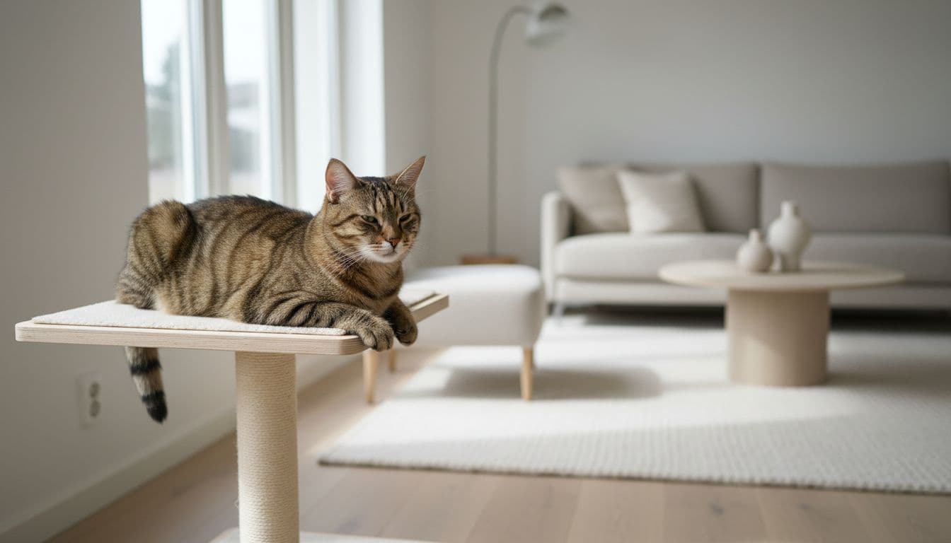 A relaxed tabby cat lounges on a light wooden cat tree in a bright Scandinavian interior with abundant natural light, minimalist beige and gray furniture, creating a cozy and serene atmosphere.