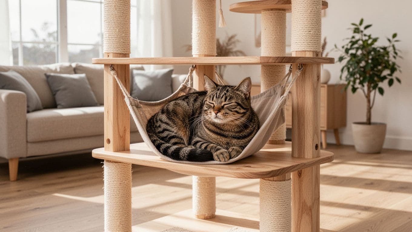 A calm adult male tabby cat rests peacefully on a premium wooden cat tree in a bright Scandinavian-style living room with minimalist decor and natural daylight. The foreground focuses on the relaxed cat with soft fur details, while the background includes a beige sofa, light wood floor, and potted plant for a warm, cozy atmosphere.