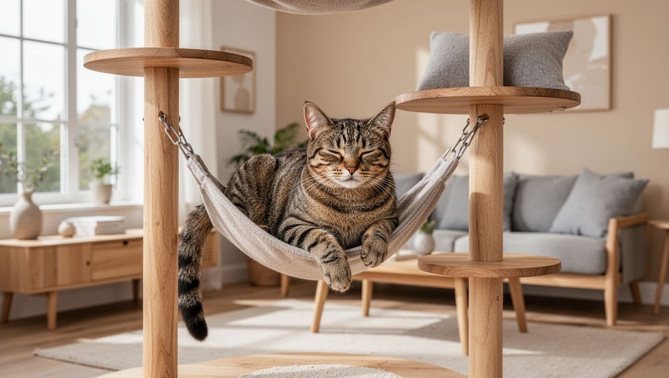 An adult female tabby cat lies calmly on a wooden cat tree with hammock and platforms in a bright Scandinavian living room featuring minimalist decor, natural light, and cozy atmosphere.
