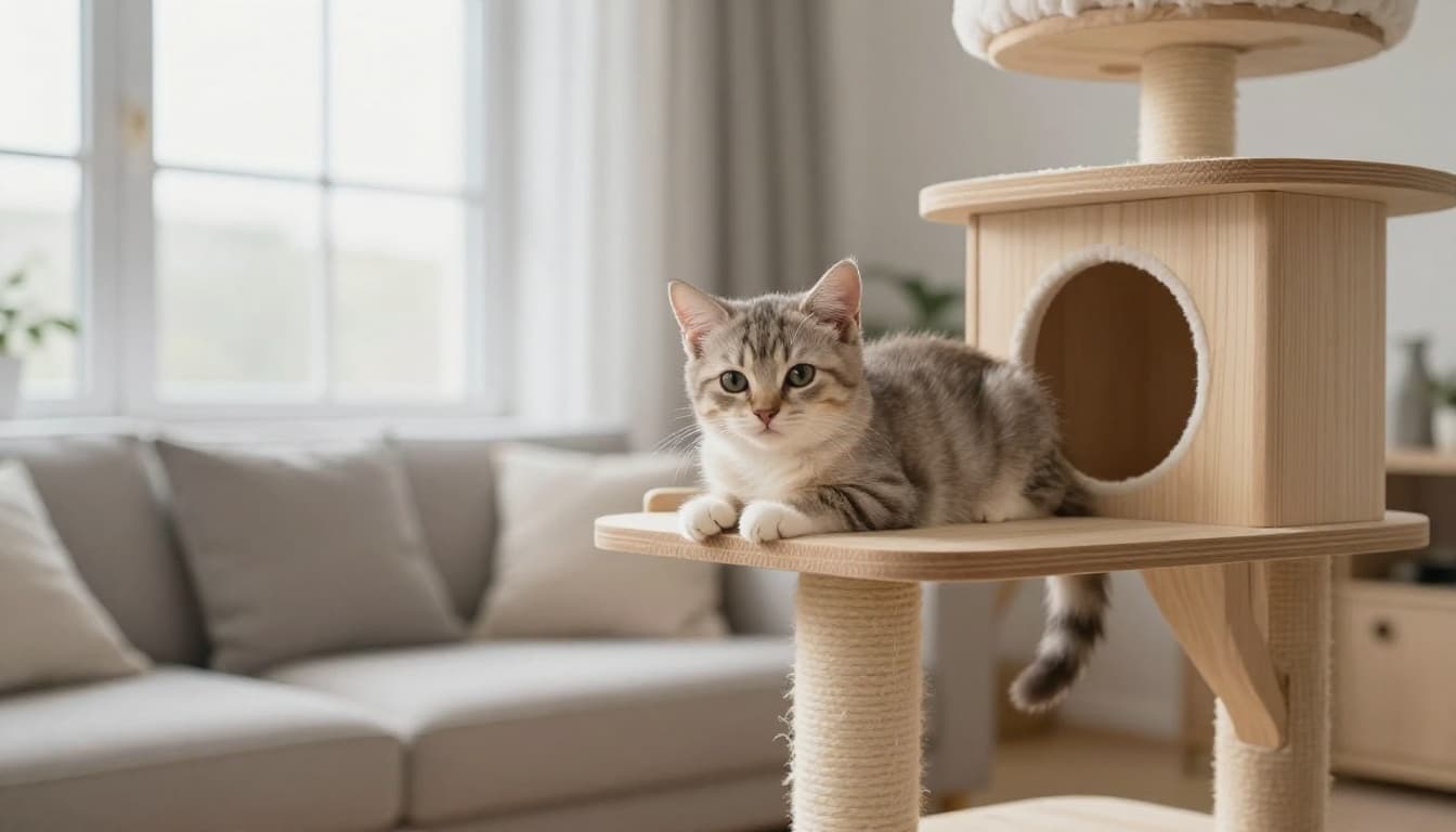 A young playful kitten with soft fur rests calmly on a premium light wood cat tree in a bright Scandinavian living room, surrounded by minimalist beige and grey decor under natural light.
