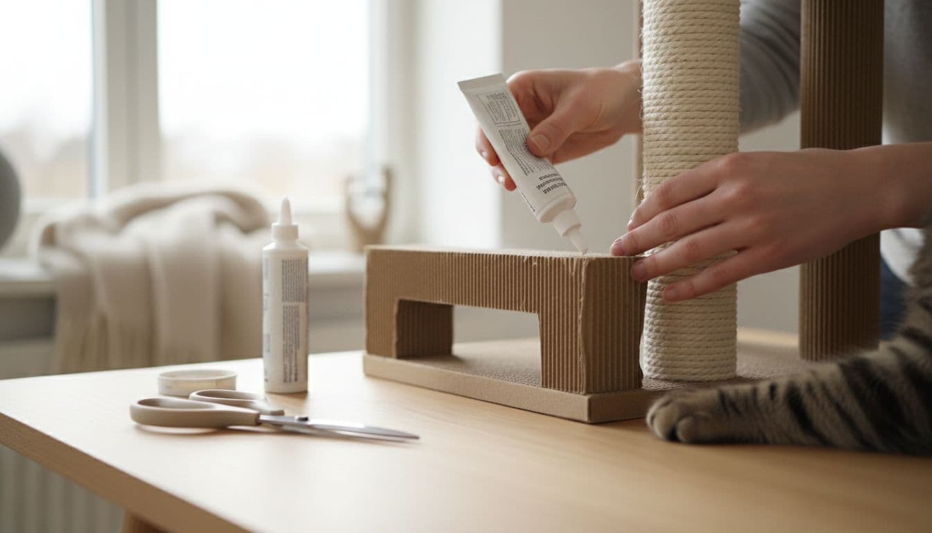 Close-up in a modern Scandinavian interior showing hands repairing a cardboard cat tree by gluing a new cardboard strip to a corner and wrapping fresh sisal rope on the scratching post, with tools nearby and a cat paw gently touching the sisal.