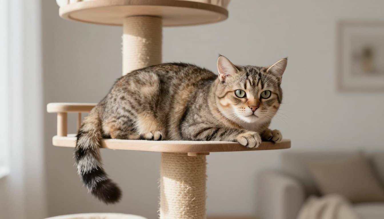 An adult cat looks restless on a high stable perch of a premium light natural wood cat tree, tense with twitching tail, alert eyes, and slight panting in a bright minimalist Scandinavian living room.