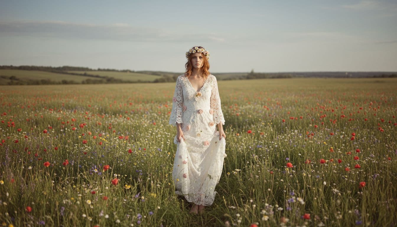Mariée bohème dans un champ fleuri, robe fluide et dentelle, ambiance naturelle et élégante