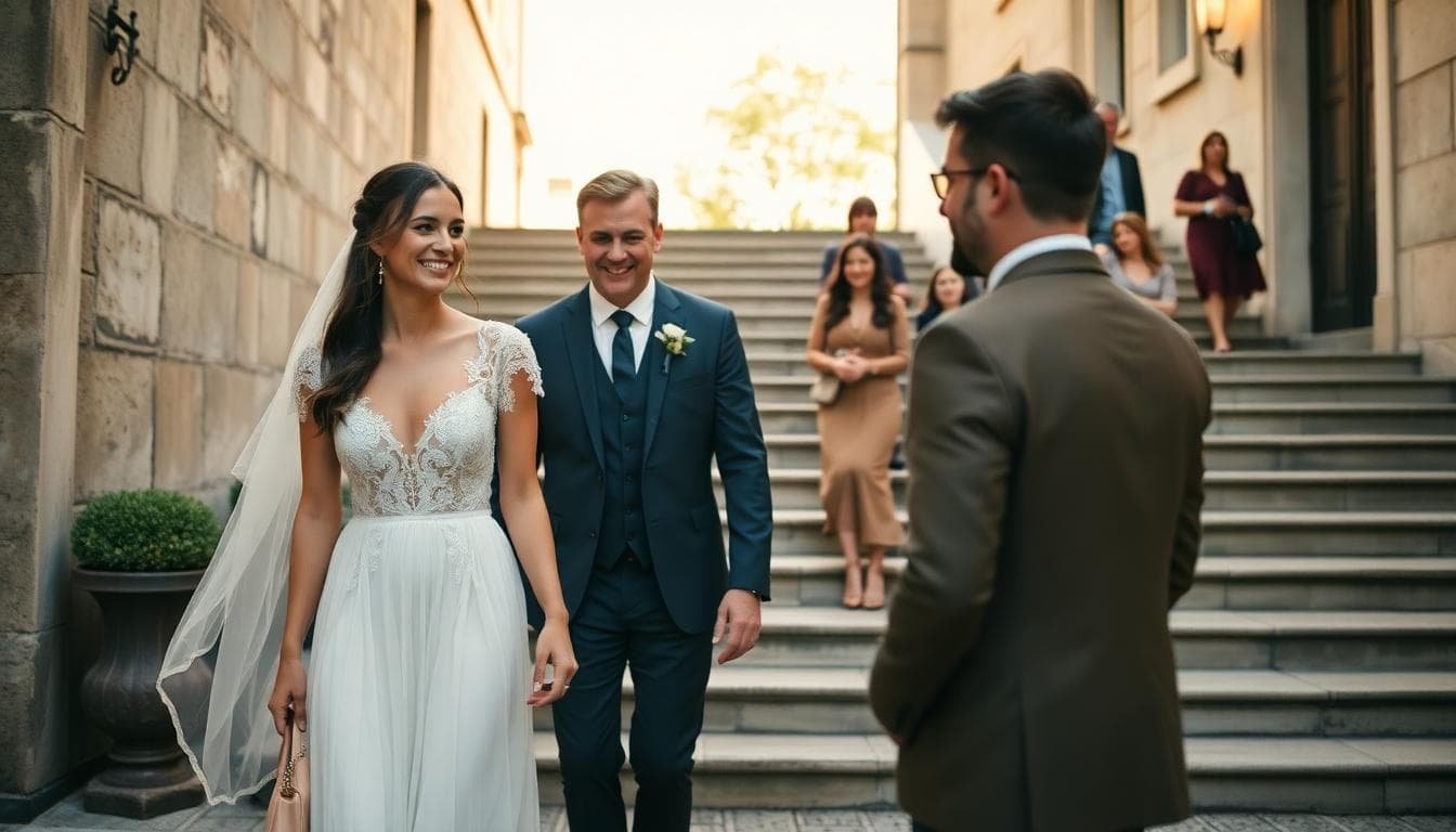 Mariée bohème arrivant à la mairie avec son partenaire, ambiance joyeuse et inclusive. Image créée avec l’IA