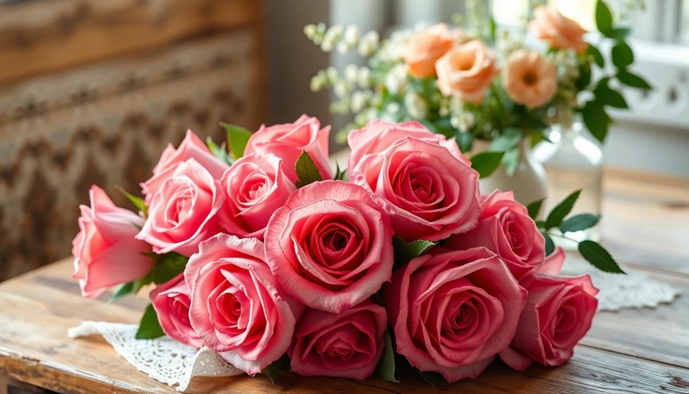 Un bouquet romantique de roses corail fraîches et vibrantes, disposées avec grâce dans un style bohème. Au premier plan, les pétales doux et texturés des roses capturent la lumière naturelle, montrant des nuances de corail chaud et rose. En arrière-plan, un décor champêtre subtil avec des éléments vintage comme de la dentelle blanche et des fleurs sauvages éparpillées sur une table en bois rustique. L'ambiance est chaleureuse et intime, évoquant l'amour durable et la joie partagée, dans un style photographique doux et lumineux. Ajoute des touches bohèmes comme des rubans fluides et des feuillages verts délicats.