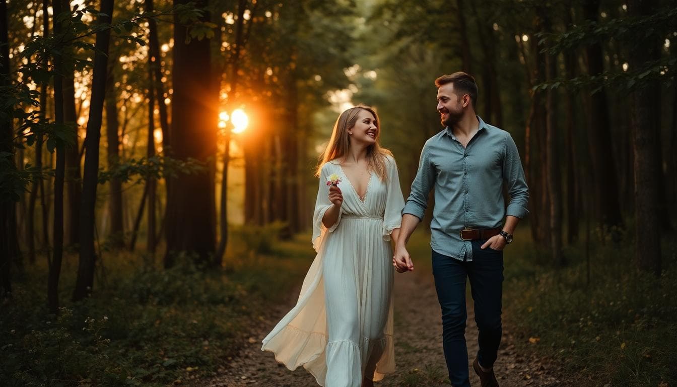 Couple bohème marchant en forêt au coucher du soleil, ambiance sereine