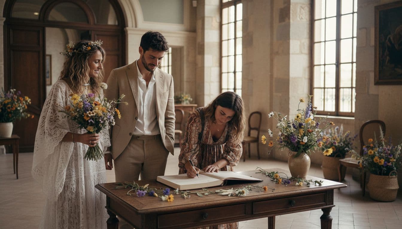 Cérémonie à la mairie avec la mariée, le marié et les témoins qui signent le registre, ambiance bohème chic