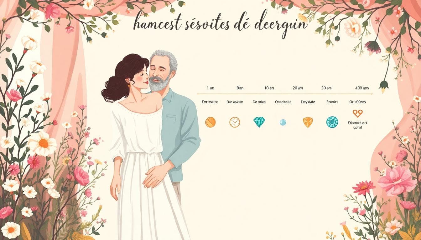 Illustration romantique et bohème d’un calendrier des noces, du coton au diamant, avec un couple âgé dans un décor champêtre