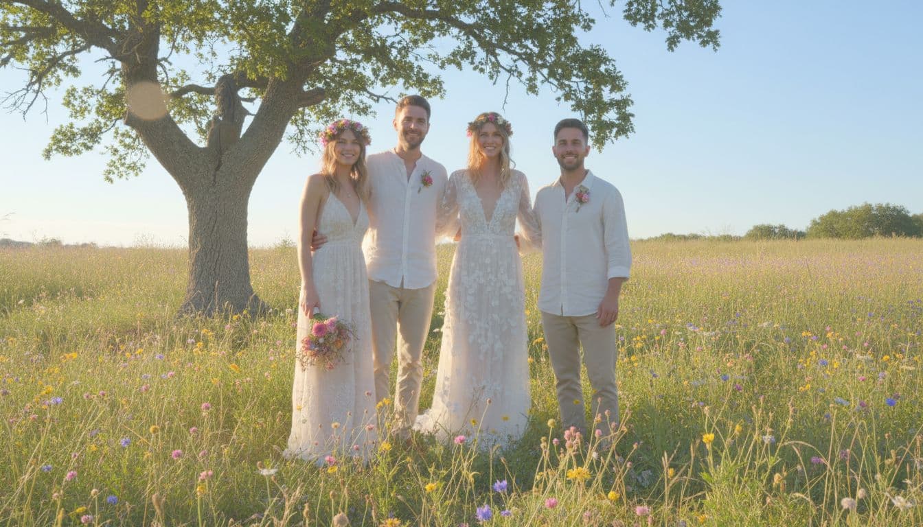 Mariage bohème en extérieur avec la mariée, le marié et deux témoins souriants dans un champ fleuri, lumière dorée et ambiance naturelle