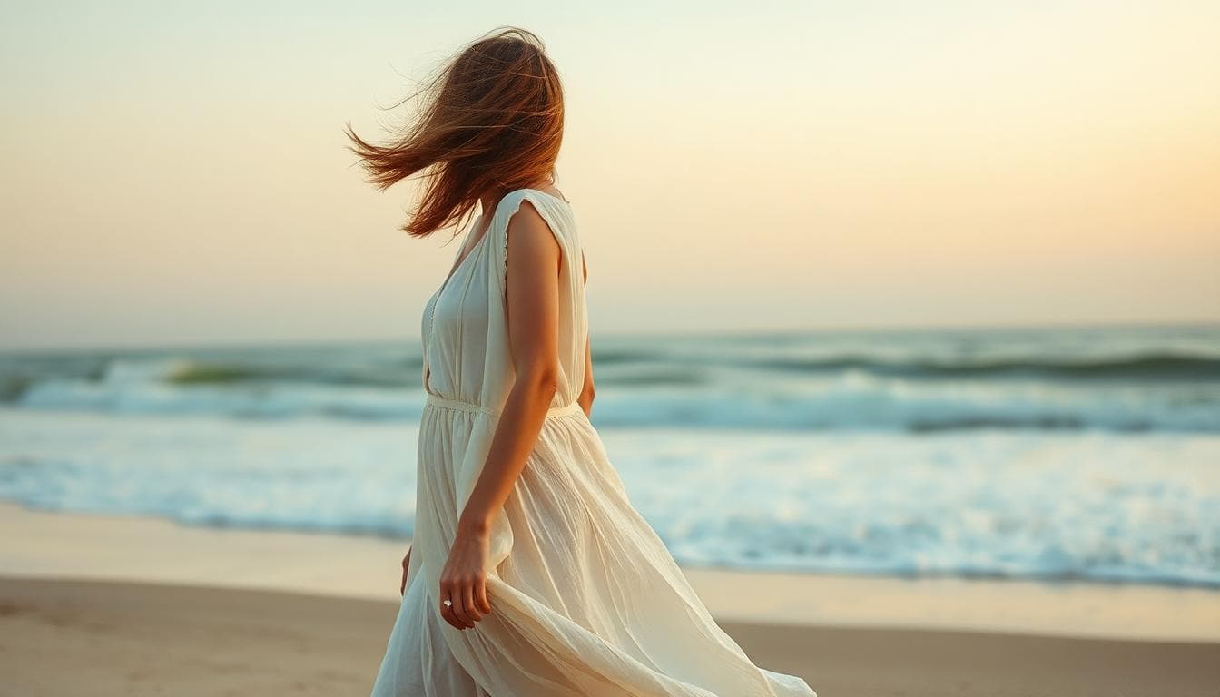 Femme en tenue bohème sur la plage au coucher du soleil, robe fluide et gilet fin, ambiance romantique