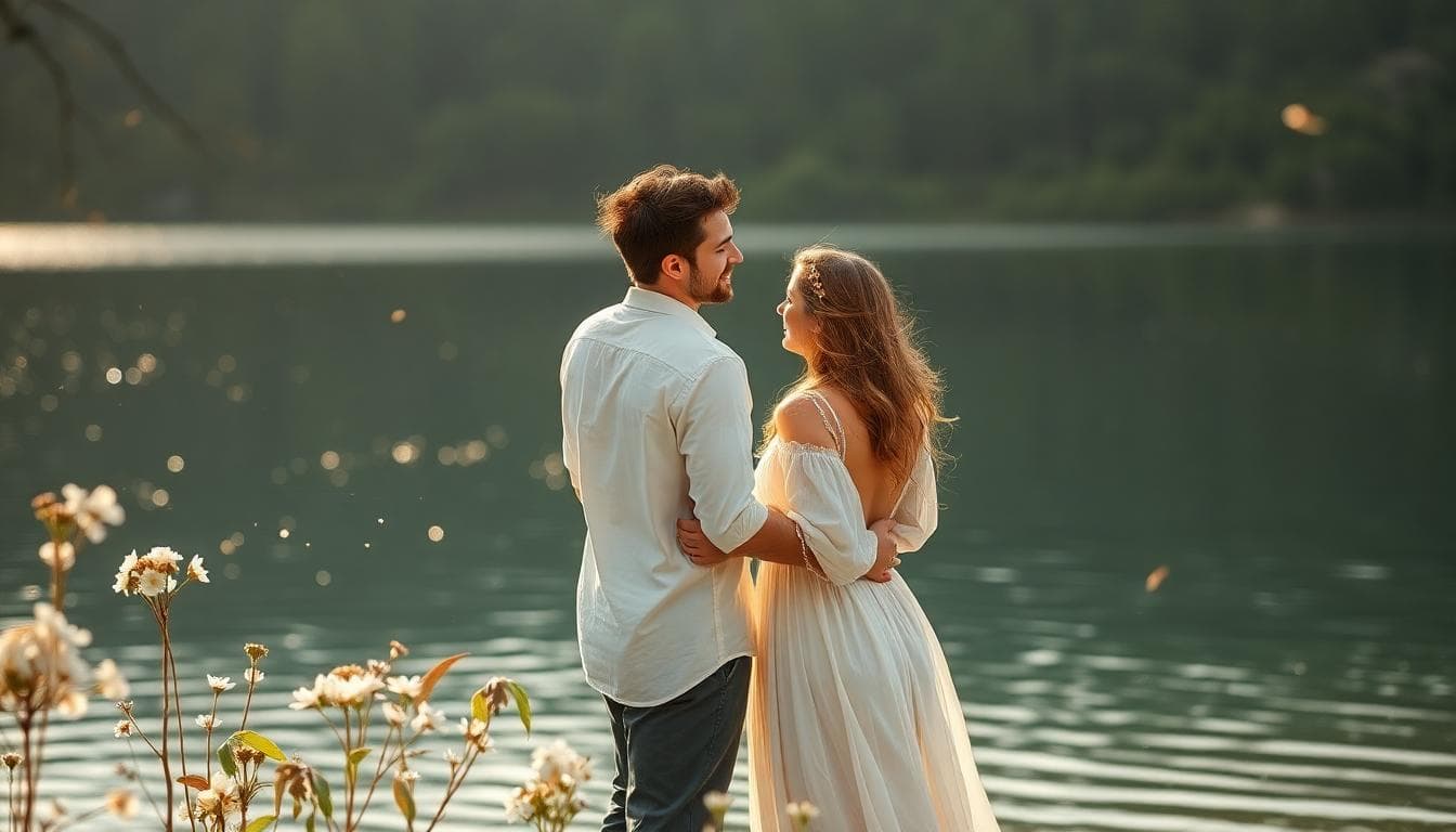 Couple bohème fêtant 28 ans de mariage près d’un lac, éclat argenté façon nickel