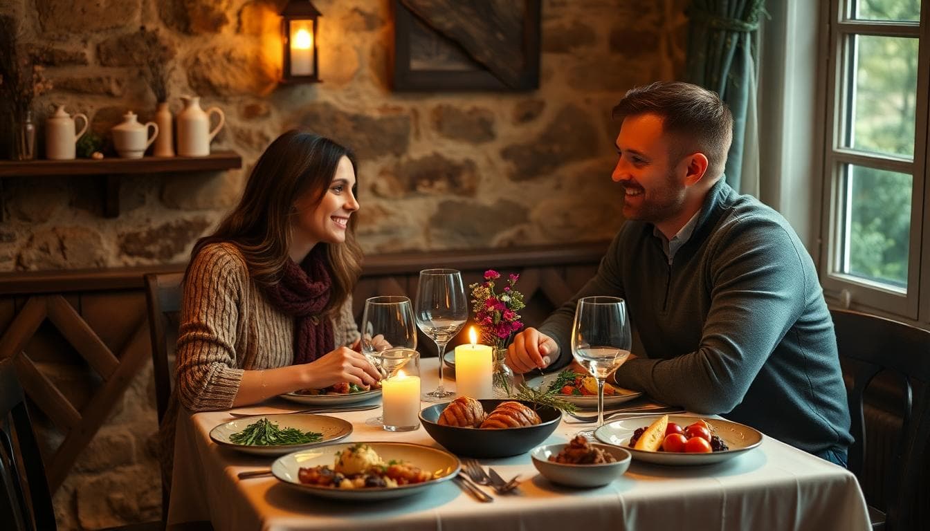 Couple lors d’un dîner gastronomique intimiste à la lueur des bougies, plats raffinés dans un décor rustique chic