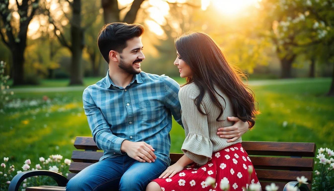 Couple complice discutant sur un banc au soleil, ambiance douce et romantique