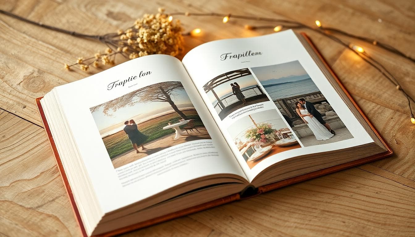 Livre photo ouvert sur une table en bois, avec chapitres et images d’un couple, ambiance douce et matières naturelles