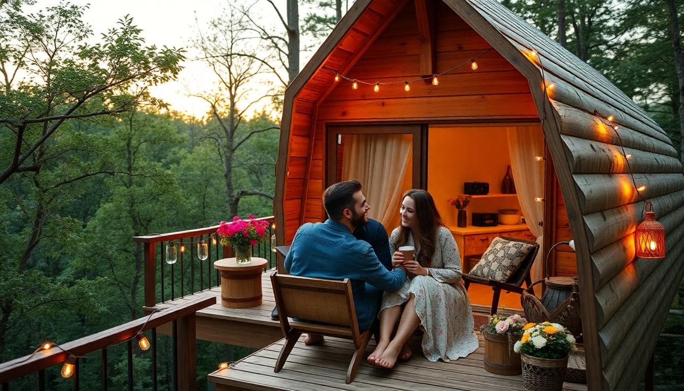 Couple dans une cabane perchée au coucher du soleil, ambiance romantique