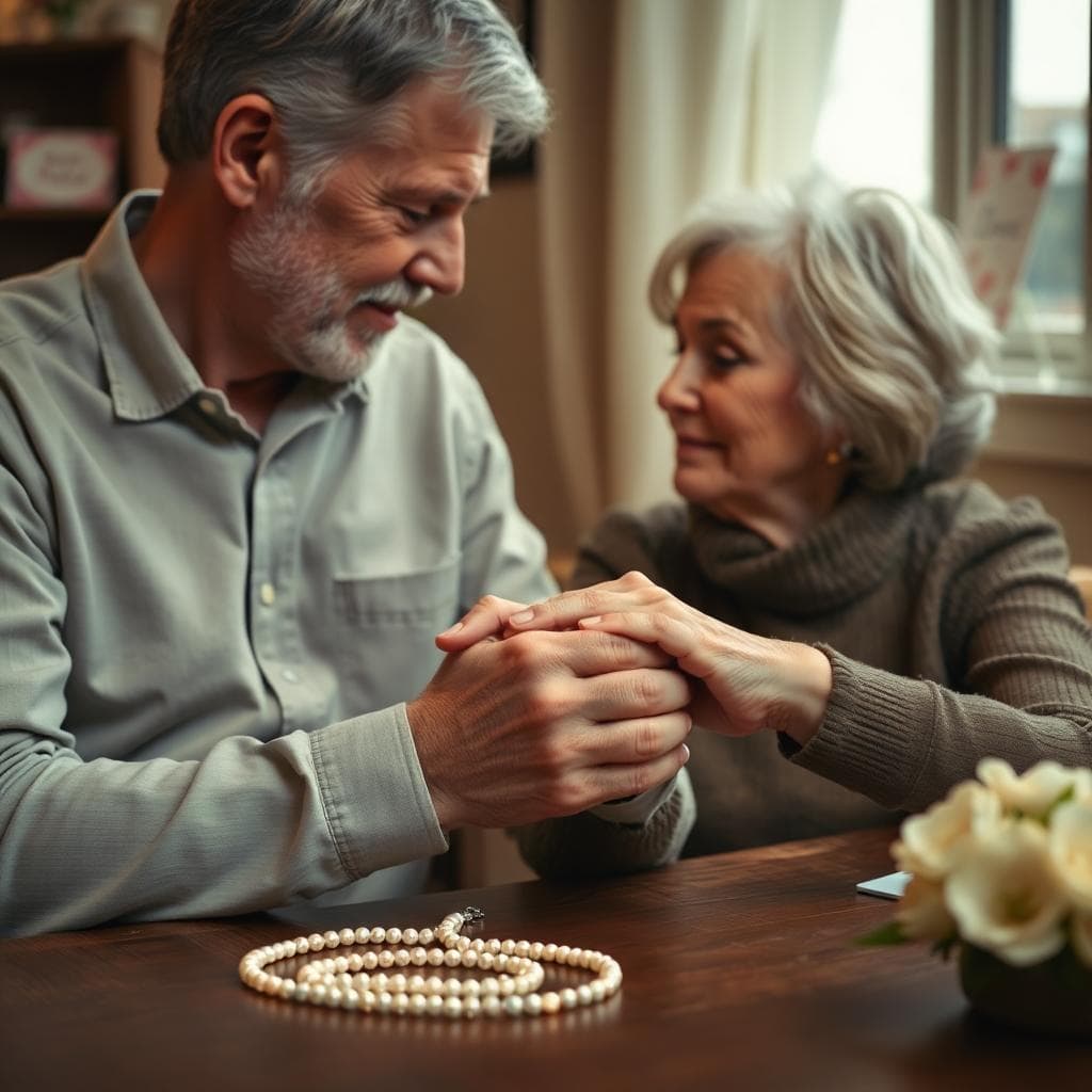 Couple qui se tient les mains avec un collier de perles posé sur la table, lumière chaude et ambiance intime