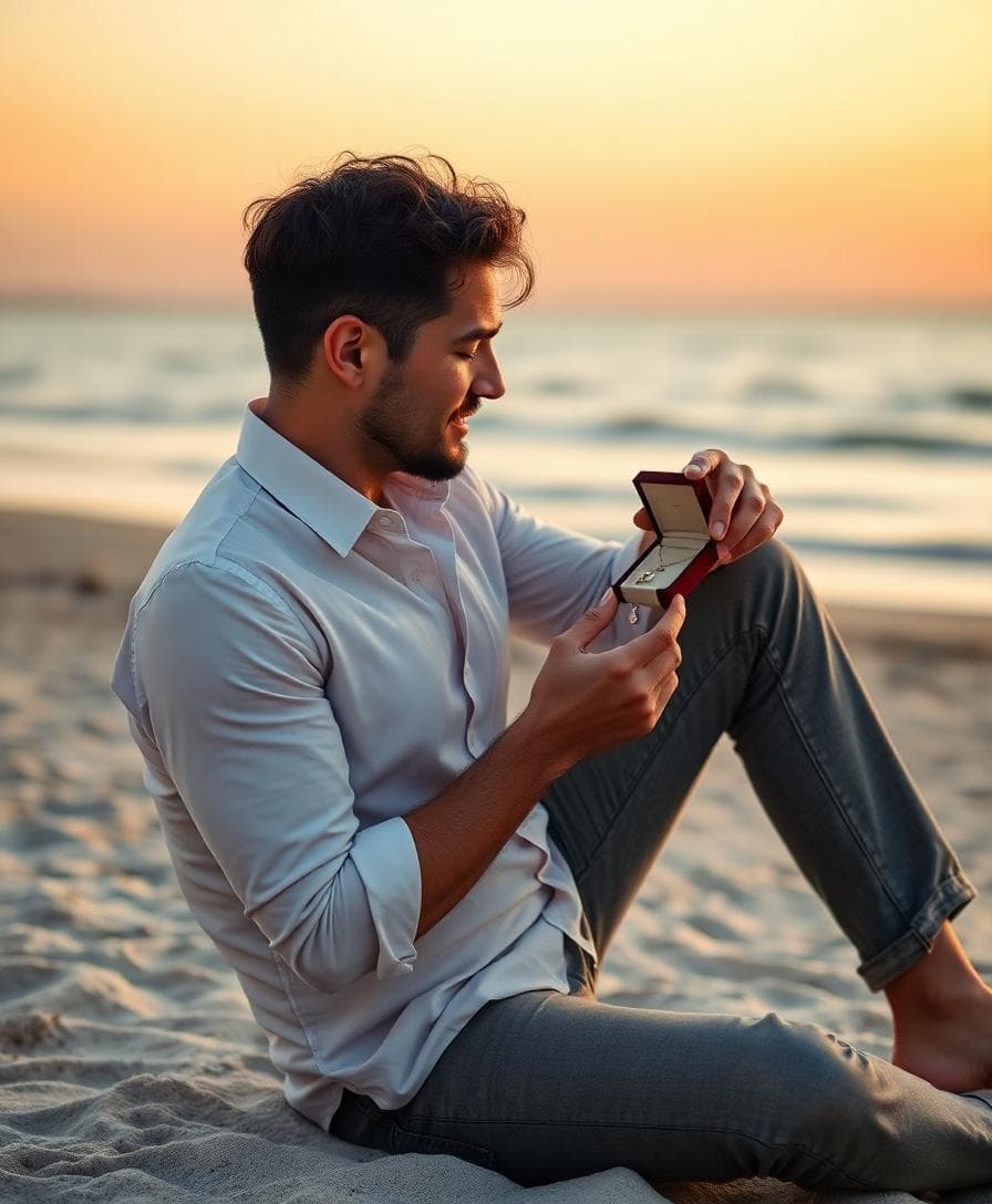 Demande en mariage sur la plage, genou gauche posé, dos droit, écrin tenu au niveau du cœur